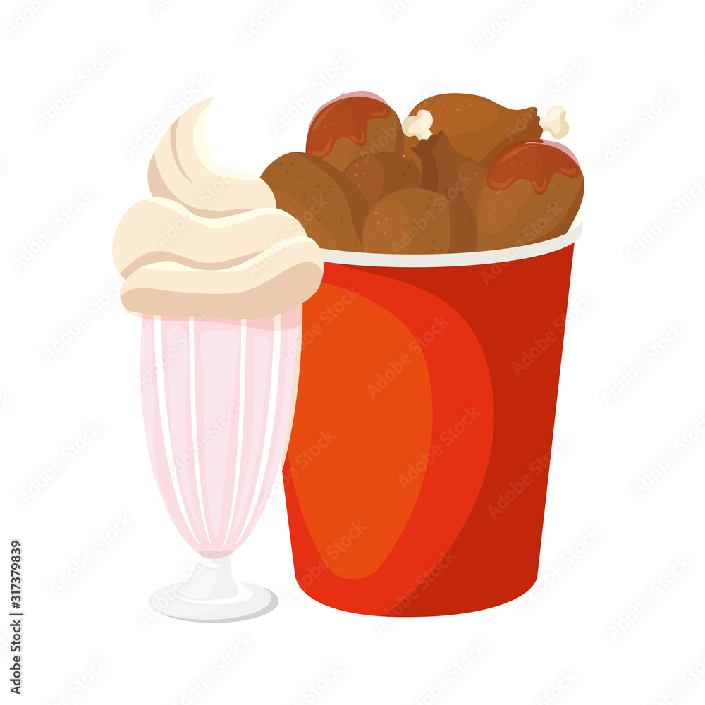 Wall mural set of chicken food in container with milkshake isolated icon