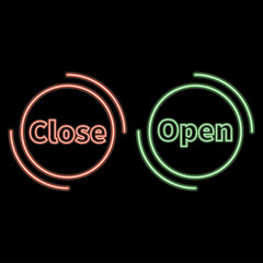 Open and Close neon iscription on dark background. Open Close Bright signboard. Vector design template.