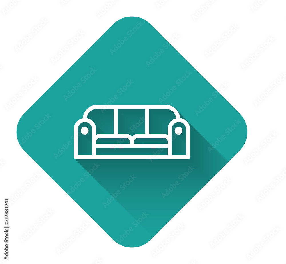 Poster white line sofa icon isolated with long shadow. green square button. vector illustration
