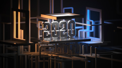 2020 new year text design made by steel and surrounded pipe network on futuristic hi-tech sonstruction site Graphic background communication structure. 3d illustration Selective focus macro shot with