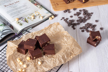 Delicious fudge with homemade chocolate and nuts