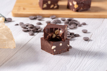 Delicious fudge with homemade chocolate and nuts