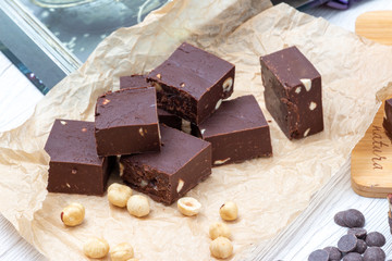 Delicious fudge with homemade chocolate and nuts
