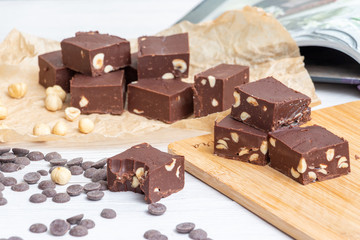 Delicious fudge with homemade chocolate and nuts