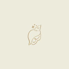 Tiny line art handdrawn style logo or icon symbol of magical seashell. Good for fashion theme, nature care, beauty industry, wedding postcards. Vector illustration.