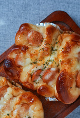 Close-up view of mayonnaise sausage bread