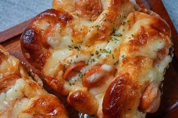 Close-up view of mayonnaise sausage bread