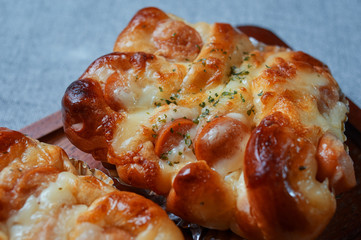 Close-up view of mayonnaise sausage bread