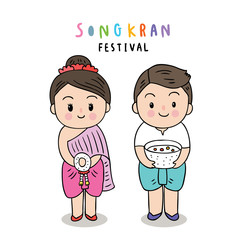 Cartoon cute Songkran festival Thailand, Young girl and boy Thai dress vector.