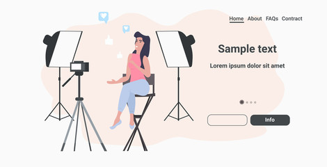 woman beauty blogger recording video blog with digital camera on tripod live streaming social media network blogging concept horizontal full length copy space vector illustration