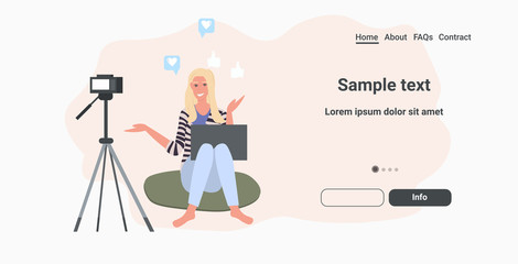 woman blogger with laptop recording video blog using digital camera on tripod live streaming social media network blogging concept horizontal full length copy space vector illustration