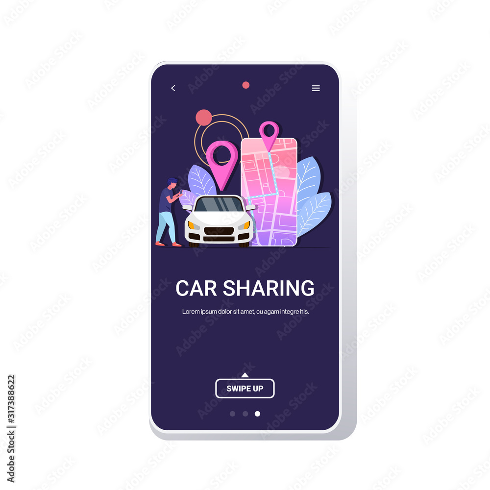 Poster man using mobile app online ordering taxi car sharing transportation concept smartphone screen with 