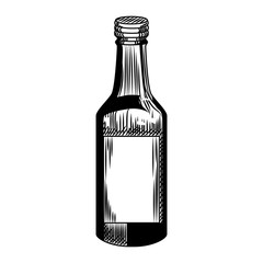 Soju bottle isolated on white background. Glass vodka bottle in vintage engraved style.
