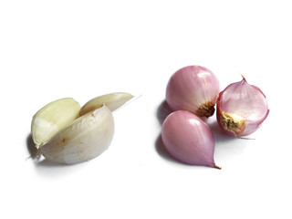 Fresh garlic and red onion. Red onion and garlic on white background. Fresh red onion and garlic isolated on white background with clipping path.