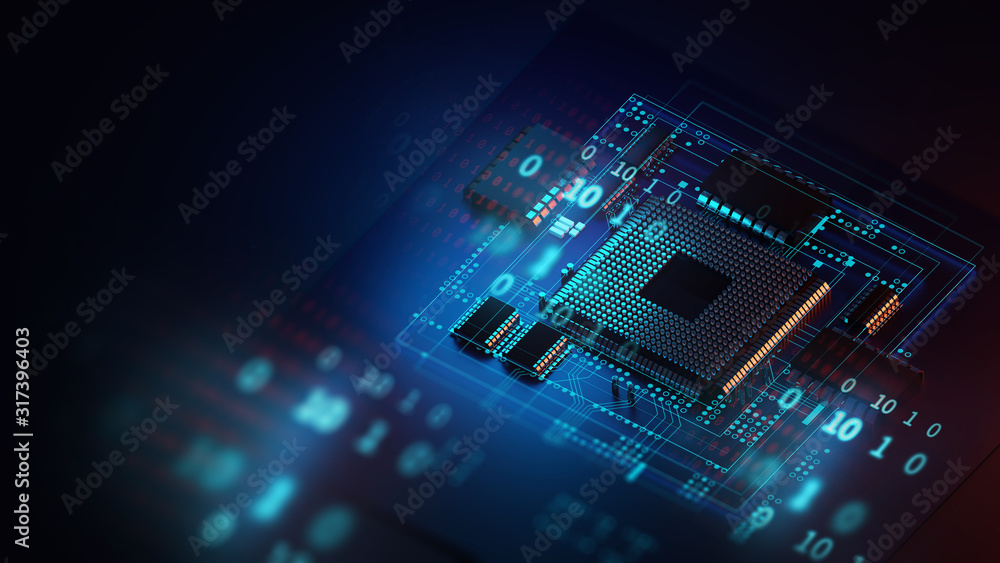 Aufkleber 3d rendering  of futuristic blue circuit board and cpu