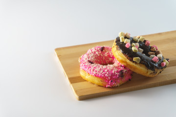 two doughnuts isolated on white background. copy space