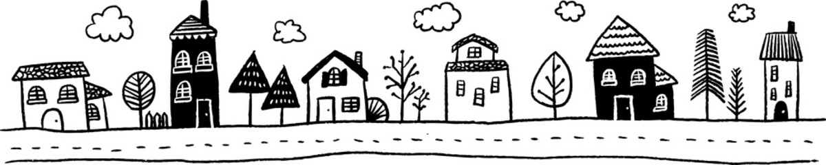 Obraz premium 街並み 風景 線画 素材 イラスト ベクター