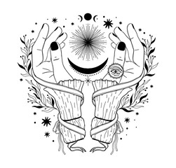 Hand magic inspiration fortune chiromancy.Occult mystic symbol, graphic design tattoo. Esoteric sign alchemy, decorative style.
