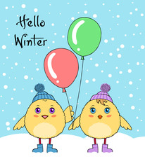 Hello winter. Couple of cute chicken character wearing knitted hats and boots holding balloons. Greeting card template