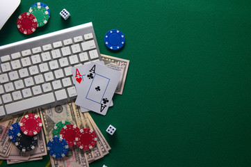 Flat lay .online poker gambling . poker cards.Green Table Top Copyspace