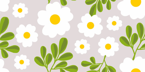 Beautiful and Kawaii Daisy Flower and Leaf Seamless Pattern with Grey Background
