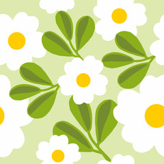 Beautiful Daisy Flower and Leaf Seamless Pattern in soft green background color