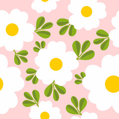 Beautiful and Kawaii Daisy Flower and Leaf Seamless Pattern with soft pink background color