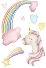 hand drawn digital colorful illustration watercolor style pastel color tones on the flat white background. Unicorn theme picture.