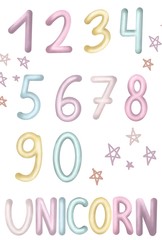 hand drawn digital colorful illustration watercolor style pastel color tones on the flat white background. Unicorn theme picture.  numbers letters.
