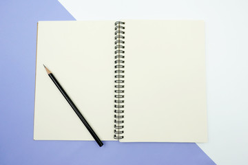 Close up top view of a blank green-read notebook paper opening and laying on two tone background of white and mauve with a black pencil on it.