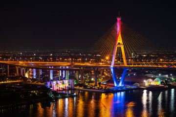 Fototapeta na wymiar Bhumibol suspension bridge over Chao Phraya River at night in Bangkok city, Thailand