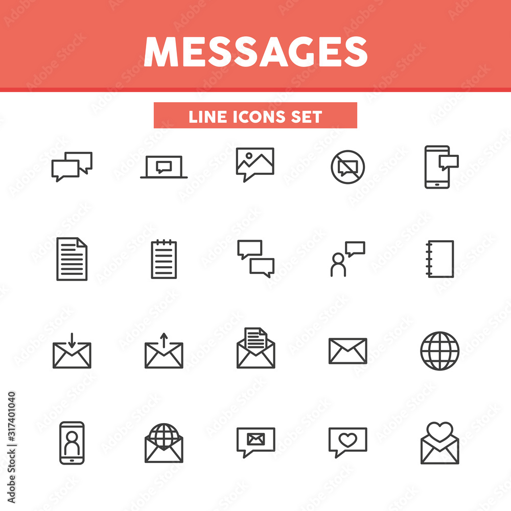 Poster messages simple set thin line icons. notifications, mails, emails, communication online. vector illu