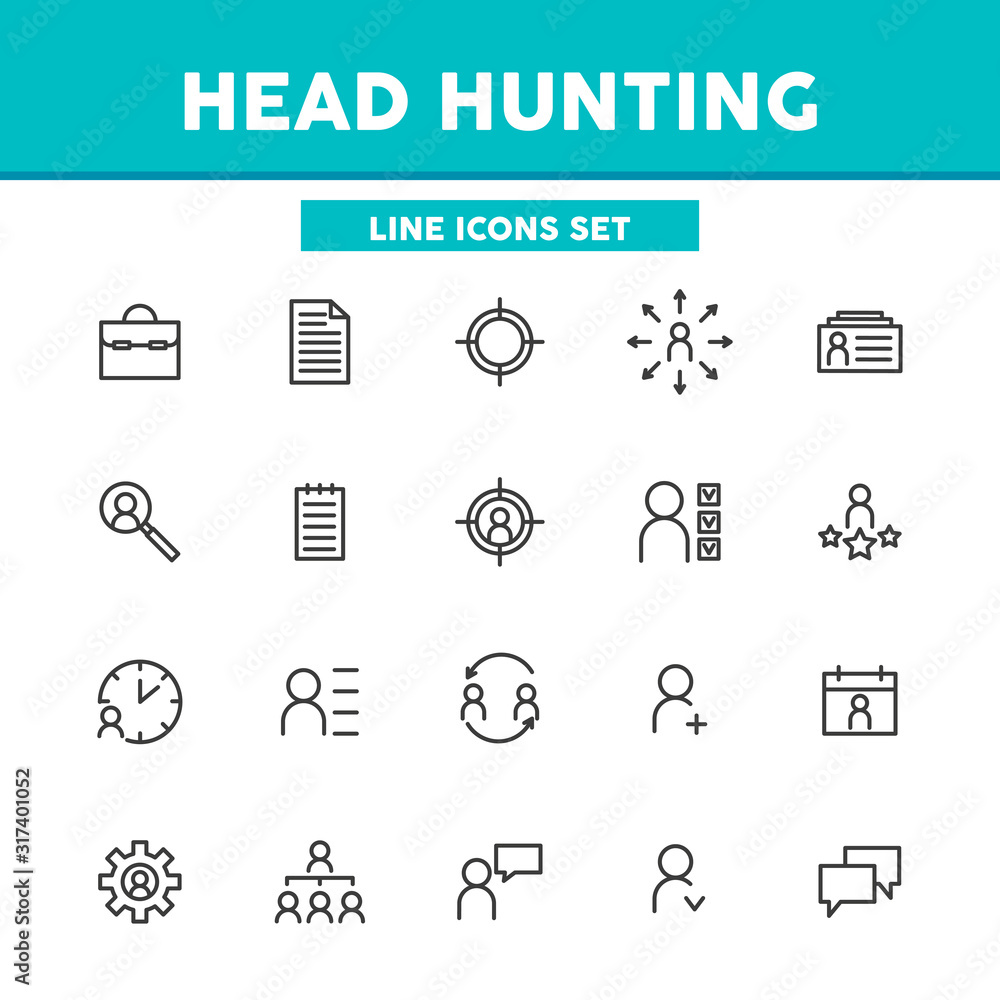 Poster head hunting simple set thin line icons. interview, career and work, hr. vector illustration symbol 