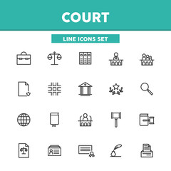 Court simple set thin line icons. Law and judgement. Vector illustration symbol elements for web design and apps