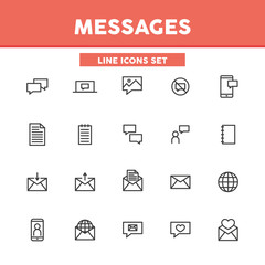 Messages simple set thin line icons. Notifications, mails, emails, communication online.  Vector illustration symbol elements for web design and apps