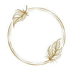 Vector round dotted frame frame with boho style feather decoration