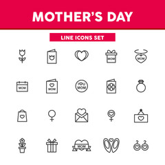 Mother’s Day simple set thin line icons. Greeting cards, hearts, flowers, gift and etc.  Vector illustration symbol elements for web design and apps