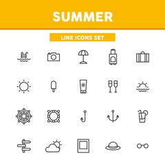 Summer simple set thin line icons. Beach, sea, travel bag, passport and etc.  Vector illustration symbol elements for web design and apps.
