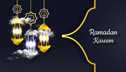 Ramadan Kareem background with 3d realistic lantern lamp, star, cloud in golden and silver color, for banner, greeting card