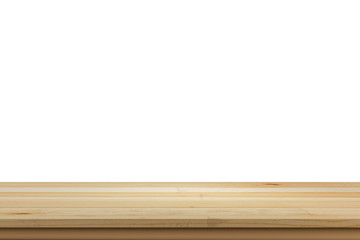 Empty light wooden table top isolated on white background, of free space for your copy and branding. Use as products display montage. Vintage style concept present, 3d illustration