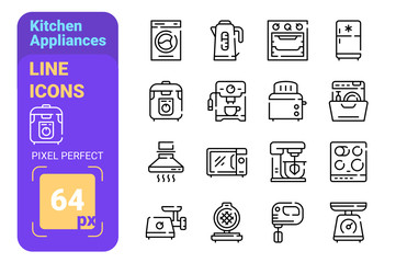 Kitchen appliances line icons set