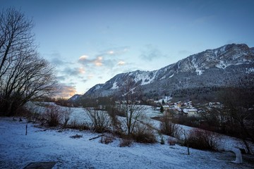 Fototapeta na wymiar The beautiful mountain cottages in Thollon Les Memises, France in Winter