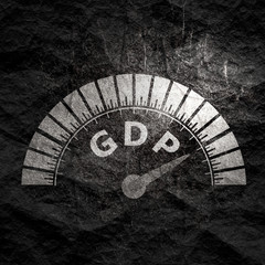 GDP - Gross Domestic Product progress. Scale with arrow. The measuring device icon. Sign tachometer, speedometer, indicators. Infographic gauge element.