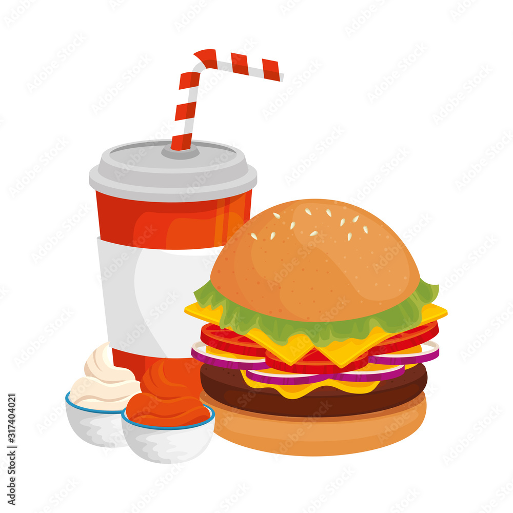 Sticker delicious burger with drink fast food icon