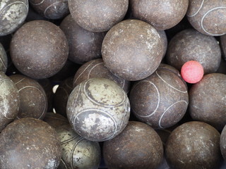 Many Petanque balls on background.  Sport and tourism concepts. .Old petanque.
