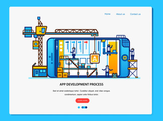 app development process banner with small character illustrted with smartphone reconstruction with people working on it-vector illustration