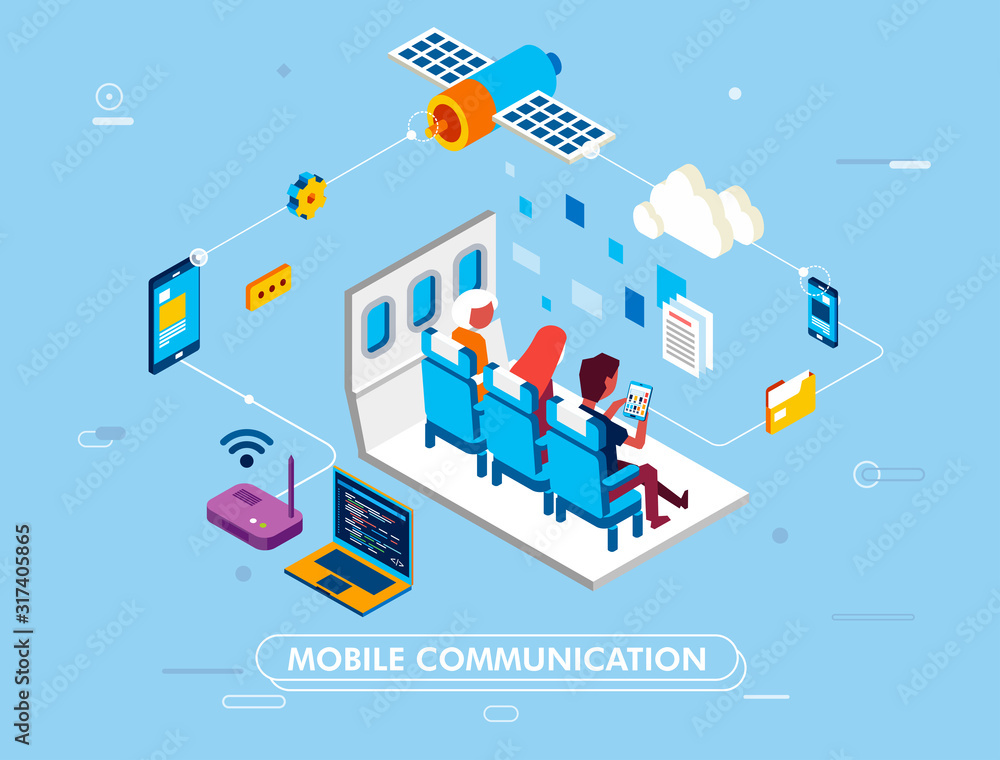 Aufkleber modern isometric design of mobile communication with internet networking, people sit on airplane sea