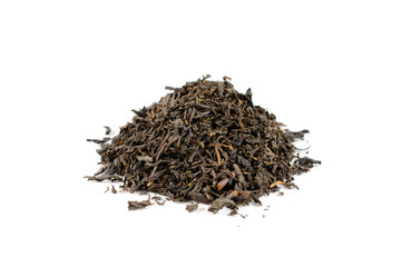 Pile of dry black tea leaves on a white background close-up.