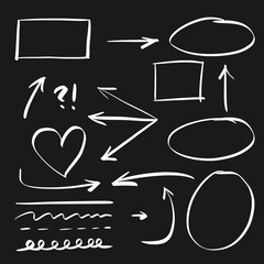 doodle design element. Doodle lines, Arrows, circles and curves vector. hand drawn design elements isolated on black background for infographic.