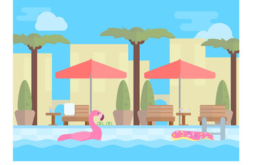 Hotel resort illustration. Open-air swimming pool with blue water,sun loungers, tables, beach umbrellas and palm trees. Stock vector.